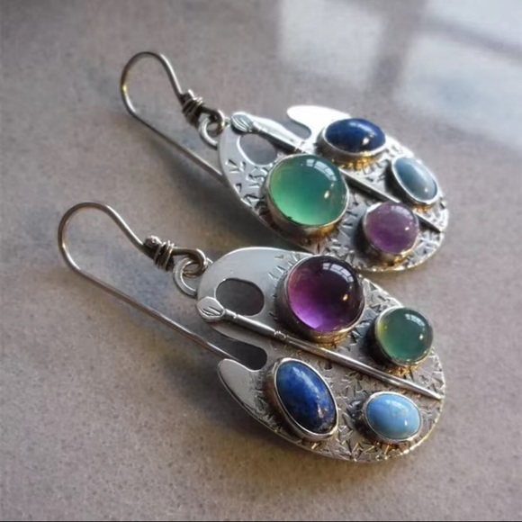 925 Sterling Silver Plated Antique Multicolor Hand Carved Pattern Earrings - Picture 1 of 8